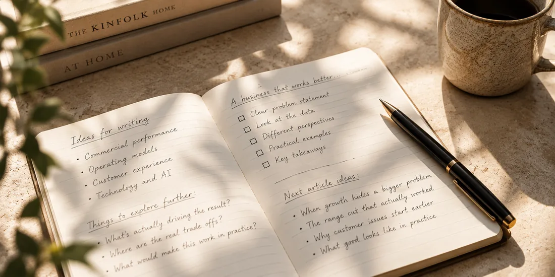 An open handwritten notebook with a pen, beside a coffee cup in warm sunlight